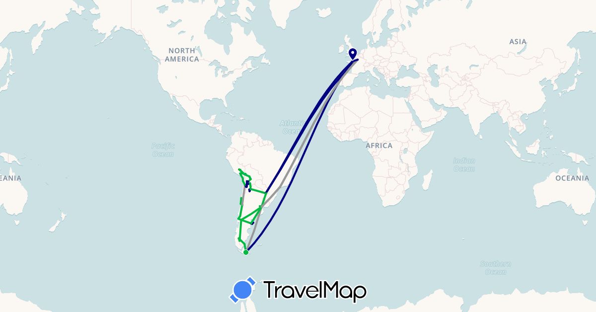 TravelMap itinerary: driving, bus, plane, hiking, boat in Argentina, Bolivia, Brazil, Chile, France, Peru, Paraguay (Europe, South America)